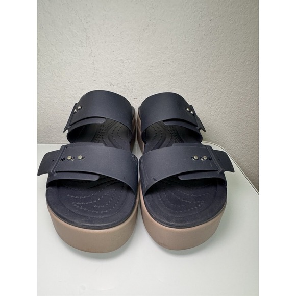 Crocs Brooklyn Buckle Wedge Platform Sandal Deep Navy Tan Women's 9  (scuffs) - Picture 2 of 16
